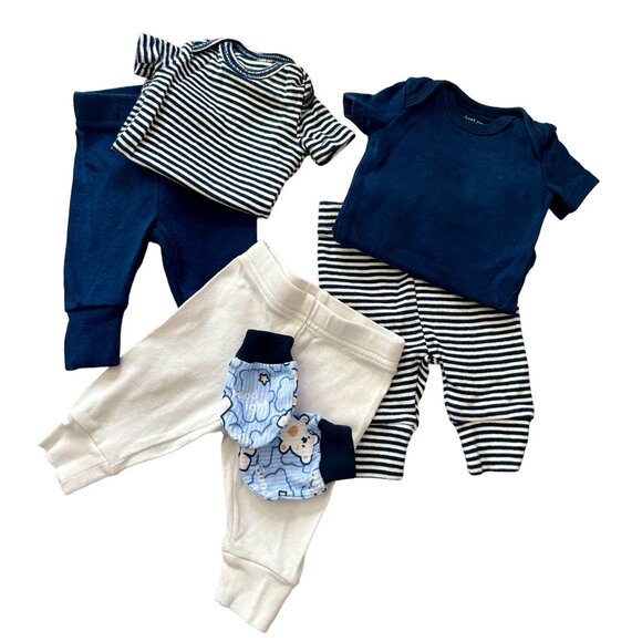Preemie Baby Clothes -2 Outfits Navy & Navy & White Stripe, White Pants, Mittens - Picture 1 of 8